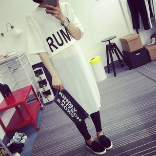 เสื้อแฟชั่น คอกลม แขนสั้น ชายต่อผ้าไนล่อน ลาย RUMOR สีขาว 8835