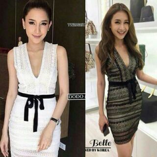 เดรสสั้น ผ้าลูกไม้คอวีรัดรูป