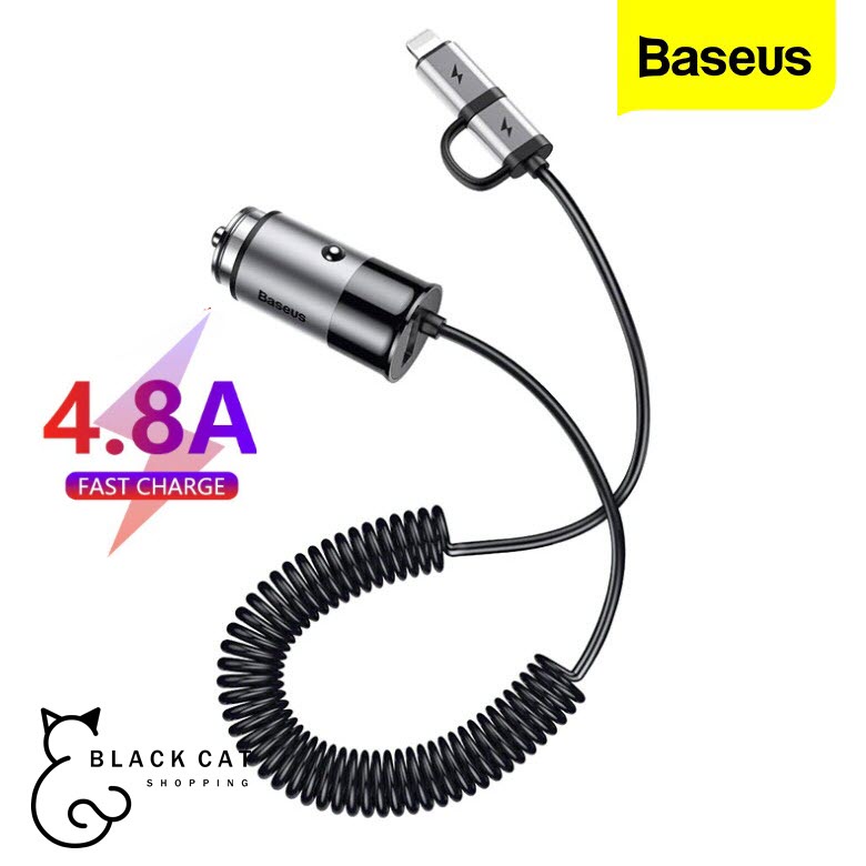 พร้อมส่ง🔥 Baseus 4.8A ที่ชาร์จในรถ พร้อมสาย 2in1 USB-C และ ไลท์นิ่ง  Car Charge สำหรับ ไอโพน Xs Max 