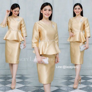 ✨⭐️ NEW ARRIVAL  ชุดเซทเสื้อ+กระโปรง ผ้าไหมญี่ปุ่นสุดหรู สีทอง พร้อมส่ง Lacey Lady