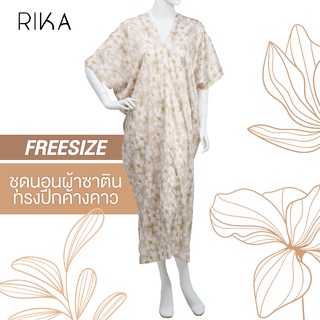 RIKA ชุดนอนFV3052 เดรส กระโปรงยาว ทรงค้างคาว คอวี ไหล่ล้ำ ชุดใส่อยู่บ้าน เนื้อผ้าซาติน เนียน นุ่ม ลื่นเย็นสบาย   อก 50