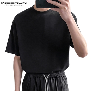 Incerun เสื้อยืดแขนสั้นสีพื้นสไตล์เกาหลีสําหรับผู้ชาย