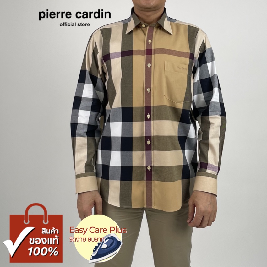 Pierre Cardin เสื้อเชิ้ตแขนยาว Easy Care Plus รีดง่ายยับยาก Basic Fit รุ่นมีกระเป๋า ผ้า Cotton 100% [RCC9749-YE]