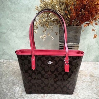 MINI CITY ZIP TOTE IN SIGNATURE CANVAS (COACH F39039) BROWN/RED/SILVER