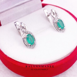 N6416 ต่างหูพลอยโมราแท้ ( Chrysoprase ) แบบอิงลิชล็อค ตัวเรือนเงินแท้ 925 ชุบทองคำขาว