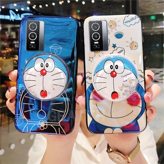 In Stock 2021 เคส VIVO Y76 5G New Fashion Quicksand Mirror Bracket Stand Holder Cover เคสโทรศัพท์ VivoY76 Cartoon Cute Doraemon Couple Drop Protection Softcase