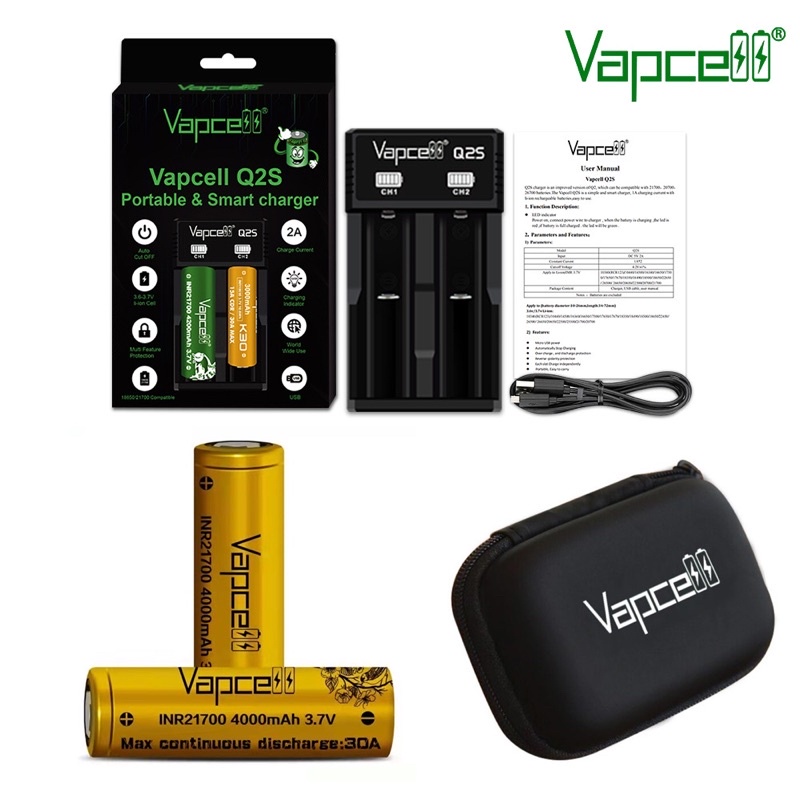 Vapcell เครื่องชาร์จและถ่าน(ถ่านชาร์จVapcell INR21700 4000mAh 30Aสีทอง2ก้อน+เครื่องชาร์จถ่านVapcell 