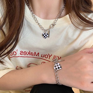 Korea Checkerboard Love Pendant Hollow OT Chain Necklace Female Bracelet