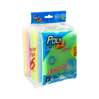 Poly-Brite โพลี-ไบรท์ ฟองน้ำล้างจาน (6 ชิ้น/แพ็ก) รุ่นสปอนจ์อัลตร้า ฟองน้ำหุ้มตาข่าย คละสี