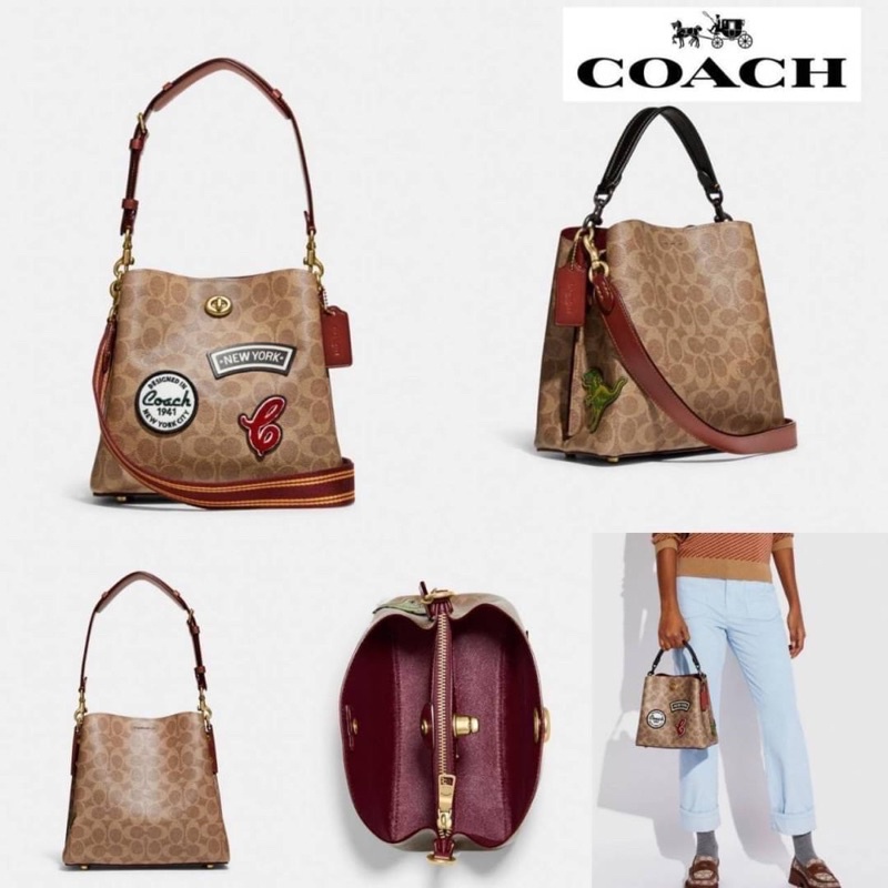 COACH WILLOW BUCKET BAG IN SIGNATURE CANVAS WITH PATCHES