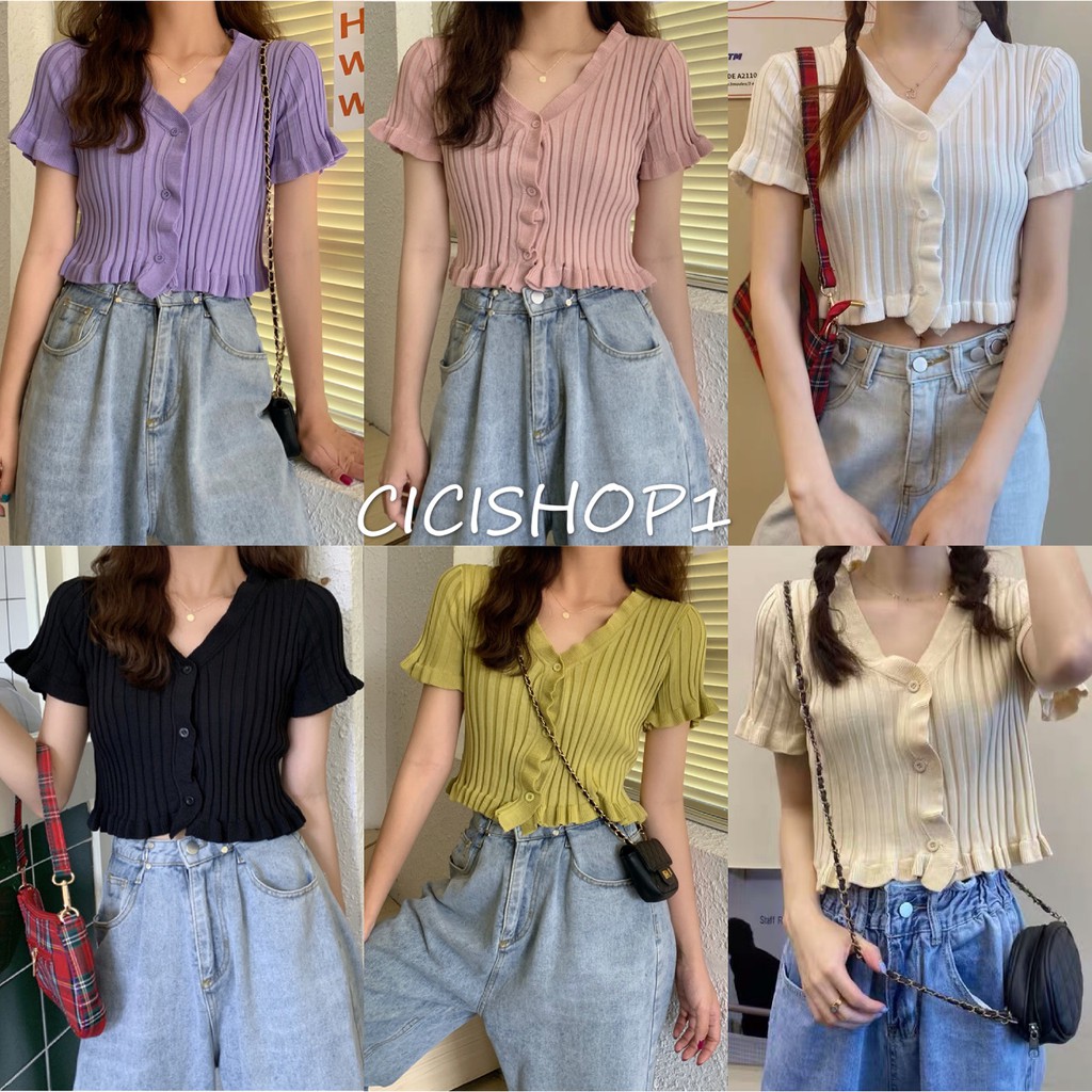 ซื้อ Cicishop(8249) เสื้อครอปทรงมินิมอล แต่งกระดุมหน้าแต่ระบ่ายน่ารักมาก ผ้าไหมพรม