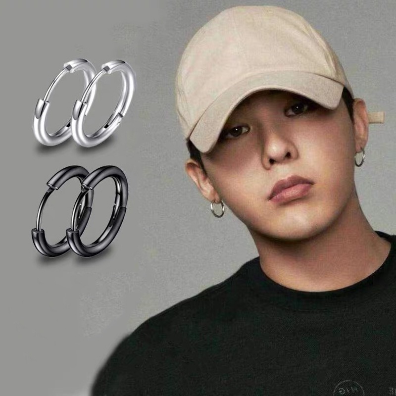 1ชิ้นสไตล์เกาหลีไทเทเนียมเหล็กต่างหูทรงกลม ไม่จํากัดเพศ ต่างหูฮิปฮอป