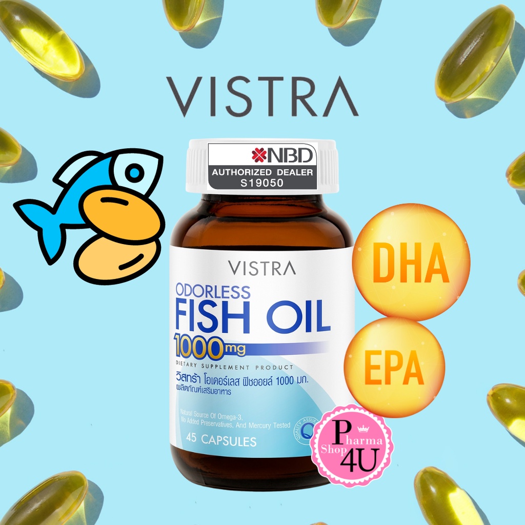 Vistra Odorless Fish Oil 1000mg วิสทร้า โอเดอร์เลส ฟิชออยด์ 1000 มก.สูตรไร้กลิ่นคาว 45s'/75s'/100s'