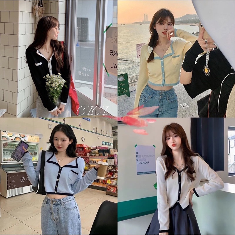 ส่งทันที Cici (NO. 7939-1)เสื้อแขนยาวไหมพรมสีทูโทน กระดุมแกะได้ดีเทลกระเป๋าตรงอกใส่เดี่ยวๆหรือคลุมแมตต์ได้ทั้ง2สไตล์