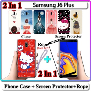 2 IN 1 เคส Samsung J6 Plus เคส พร้อมกระจกนิรภัยโค้ง ป้องกันหน้าจอ เซรามิค สําหรับเด็กผู้หญิง และคิตตี้