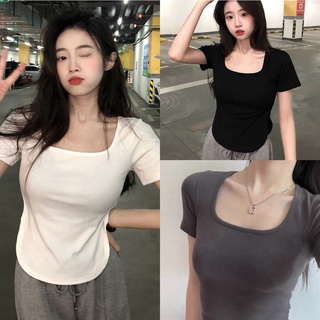 พร้อมส่ง 🌈  เสื้อยืดคอเหลี่ยม เสื้อเชิ้ตแขนสั้นผู้หญิงวินเทจ รูปตัวยู ผ่าข้าง ผ้าฝ้าย k652