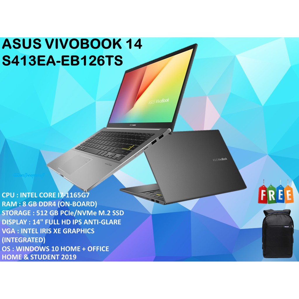 ASUS โน๊ตบุ๊ค (14", Intel Core i7, Ram 8GB, 512GB, สี Indie Black) รุ่น VivoBook S413EA-EB126TS