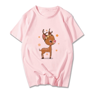 Lovely Christmas Deer Printing Christmas Family Party Dress Clothing White Pink Women Men Kids Short Sleeves Tshirt