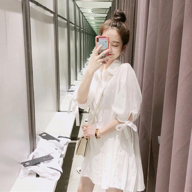 👗XiXilixiaojie👗 ผู้หญิงเสื้อเชิ้ตสีขาวหลวมกระโปรงยาวของเสื้อตะวันตก