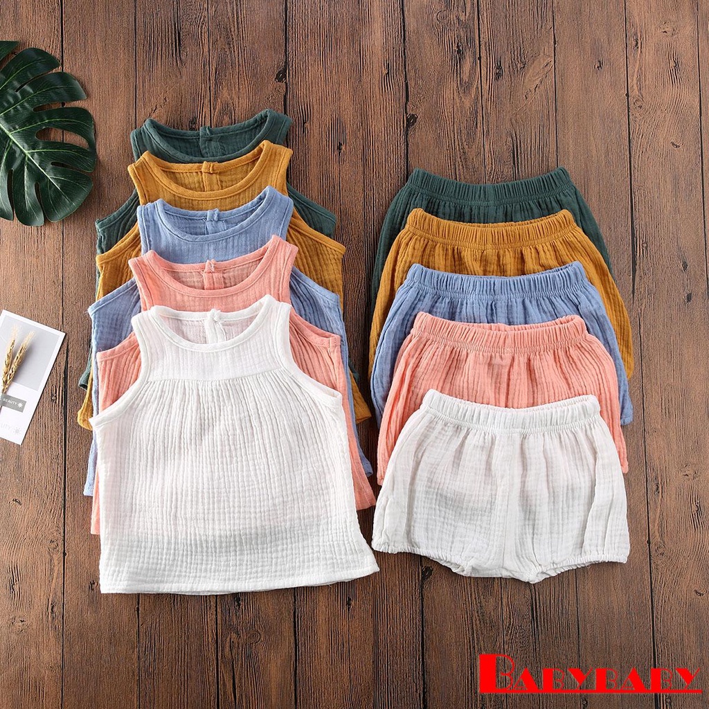 Unibaby ชุดเสื้อแขนกุดผ้าฝ้ายผ้าลินิน + กางเกงขาสั้นสําหรับเด็กผู้ชายผู้หญิง