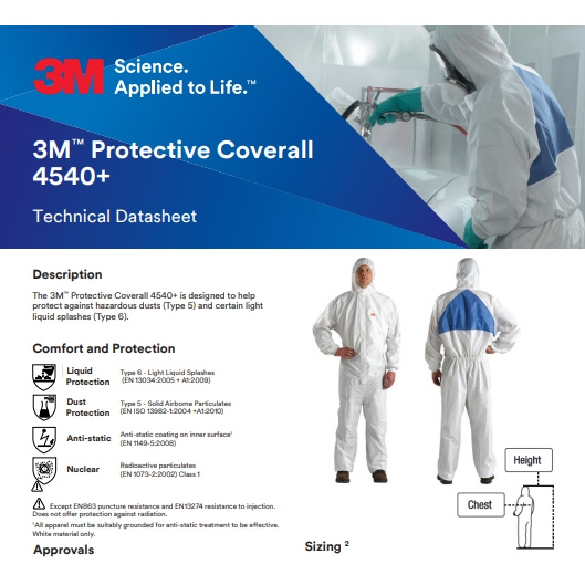 3M4540+ ชุด PPE ชุดป้องกันสารเคมี สีขาว รุ่น 4540+ มาตราฐาน Type 5,6 ป้องกันฝุ่น ห้องปลอดเชื้อ ป้องกันไฟฟ้าสถิต (1ชุด)