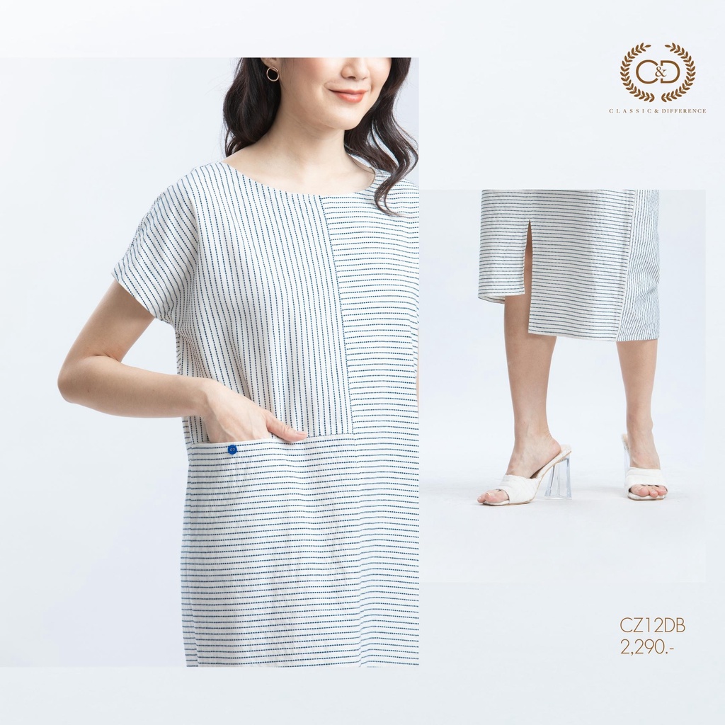 C&D woman's Dress Minimal Navy เดรส ลายปัก คอกลม แขนสั้น สีกรม CZ12DB — صورة 5