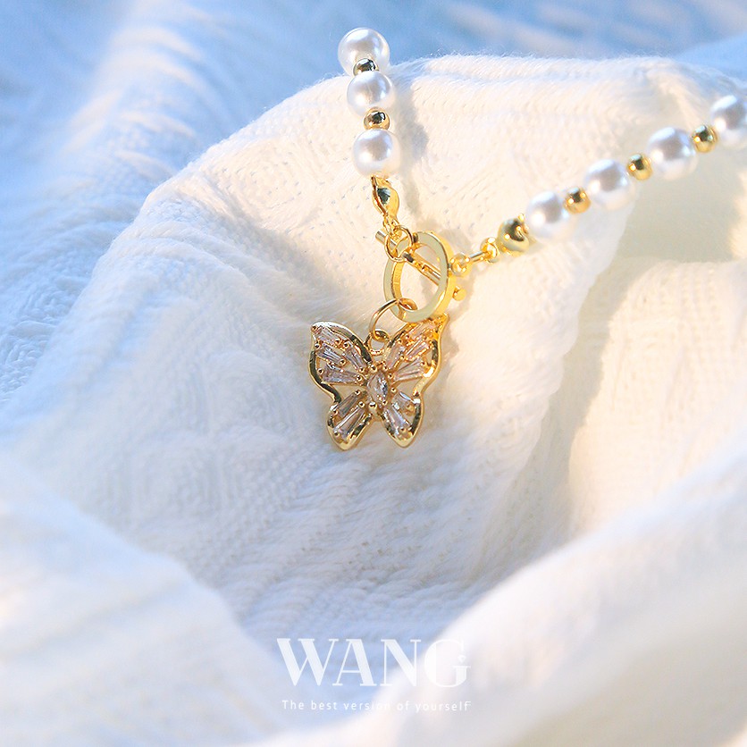 Wj สร้อยคอไทเทเนียม ชุบทอง 18k จี้รูปผีเสื้อ ประดับเพทาย แฮนด์เมด ปรับได้ เครื่องประดับแฟชั่น