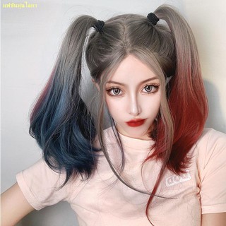 ร้อน#🔥🔥วิกผมสาวตัวตลก Harley Quinn ผมยาว หมวกทรงหน้า การแก้ไขการไล่สี วิกผมไล่ระดับสีน้ำเงิน ชมพู หางม้าคู่