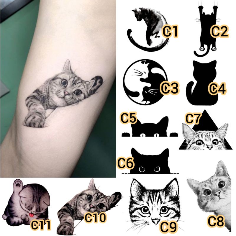 รอยสักแมวชั่วคราว สติ๊กเกอร์มินิมอล ติดทนนาน 5-7 วัน - C