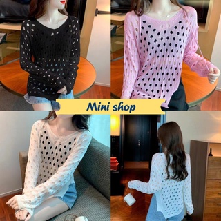 Mini shop🌸พร้อมส่ง🌸(E256) เสื้อถักไหมพรมคอวีแขนยาว ซีทรูเบสบางมากเซ็กซี่สุด