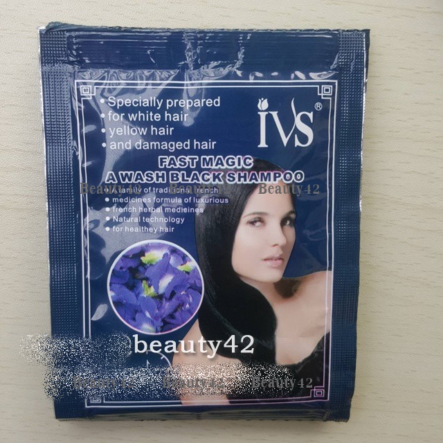 10 ซอง ยาสระเปลี่ยนสีผม IVS ดอกอัญชัน สมุนไพรเปลี่ยนสีผม สีดำ Hair Darkening Shampoo