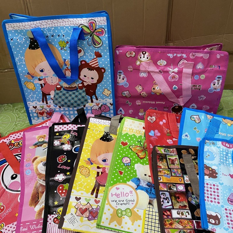 ถุงกระสอบลายการ์ตูน,ถุงแม่ค้า,ถุงใส่ของมีซิปกันน้ำ ลายน่ารักๆ