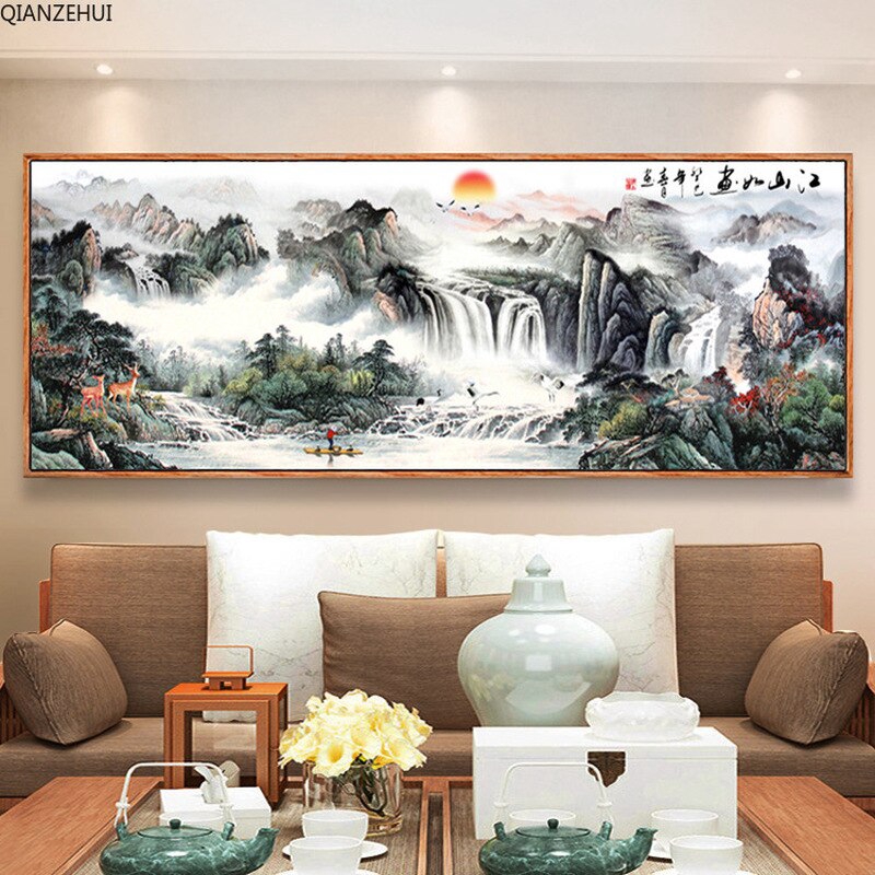 DIY Diamond EmbroideryRound Diamond Living room picturesque scenery ...