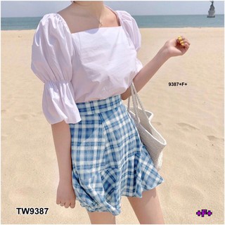 TwinsShopVip💗พร้อมส่ง TW9387 Set คอเหลี่ยมแขนตุ๊กตา + กระโปรงลายสก็อต