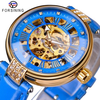 Forsining Lady Mechanical Automatic Wrist Watch Top Brand Luxury Fashion Golden Case Skeleton Clock Women Blue Genuine L