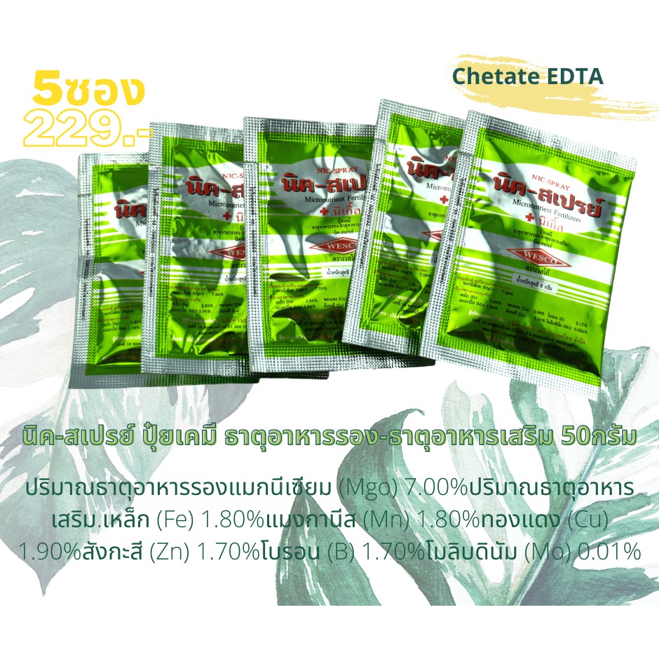 นิคสเปรย์ 50 กรัม 5 ซอง แก้อาการขอบใบเหลืองในใบแก่ของไม้ฟอกอากาศ