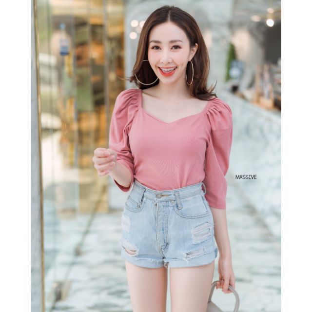 MASSIVE​🎀9870🌺 เสื้อยืด​คอเหลี่ยม แขนยก 🌺