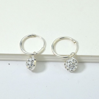 Silver CZ White Paved Round Charm Hoop Earringsต่างหูห่วงทรงกลมประดับเพชร CZ สีขาวเงินแท้925ขนาดไซร์ 12mm W x 20 mm H