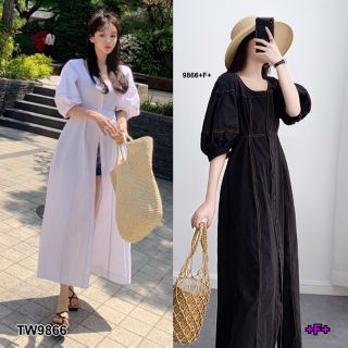 &lt;TW9866&gt;เดรสยาว ติดกระดุมหน้า คอกว้าง แขนตุ๊กตา ผ้าลินิน งานสวย เย็บโชว์ตะเข็บ งานสวย ใส่สบาย
