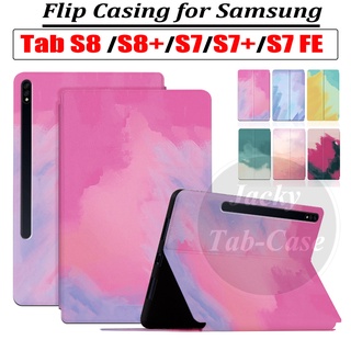 เคสหนัง PU ฝาพับ กันเหงื่อ กันลื่น ลายสีน้ํา คุณภาพสูง สําหรับ Samsung Galaxy Tab S7 FE S7+ S8+ S8 S9 S9+ Plus 12.4 นิ้ว 11.0 นิ้ว T730 T733 T736 X800 X700 T970 T870