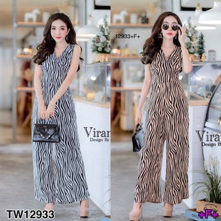 J12933 Jumpsuit  จั๊มสูทขายาว คอวี ลายม้าลาย Long-sleeved V-neck jumpsuit with zebra print