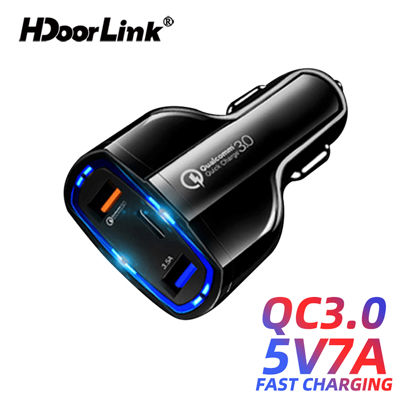 Hdoorlink QC3.0 3.5A USB C ที่ชาร์จโทรศัพท์มือถือในรถยนต์ ชาร์จเร็ว สําหรับ XIaomi Iphone Samsung อะแดปเตอร์ชาร์จสมาร์ทโฟน QC3.0 ชาร์จเร็ว พร้อมช่องไฟแช็กในรถยนต์