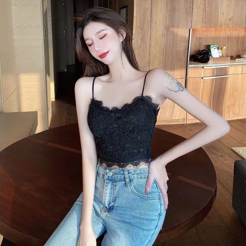 สินค้าพร้อมส่งจากไทย Lookmebra_SHOP (N594)เสื้อครอปสายเดี่ยวลูกไม้ หลังสม๊อคใส่สบาย