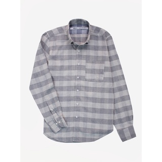 [JBB*] BUTTON-DOWN SHIRT WITH UNALIGNED POCKET IN GREY HERRINGBONE PLAID เจบีบี เชิ้ต ผ้าคอตต้อน ทอลายก้างปลา แขนยาว