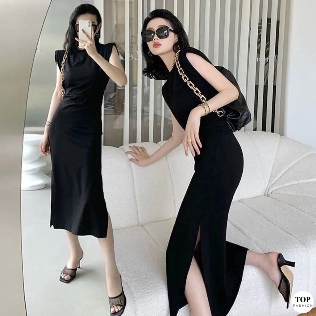 🔥พร้อมส่งไทย ราคาถูก🔥ชุดเดรสยาวแขนกุดแต่งพับแขน ด้านข้างแต่งย่น สีดำ