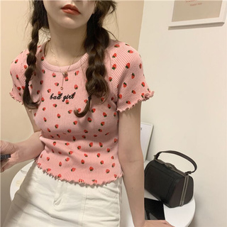 Women crop top strawberry embroidery pattern printing knitwear short sleeve top Korean Style Women fashion top