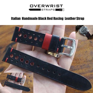 สายนาฬิกา สายหนังวัวแท้ overwrist italian handmade black red racing leather strap