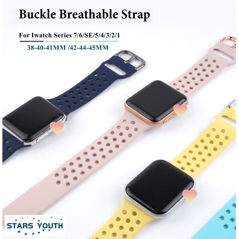 หัวเข็มขัดระบายอากาศได้สำหรับ Iwatch Series 10 9 8 7 6 SE 5 4 3 2 1 กีฬาสายรัดซิลิโคนหัวเข็มขัดโลหะเข้ากันได้กับ Apple Watch ขนาดสายรัด 38 มม. 40 มม. 41 มม. 42 มม. 44 มม. 45 มม. 46 มม.