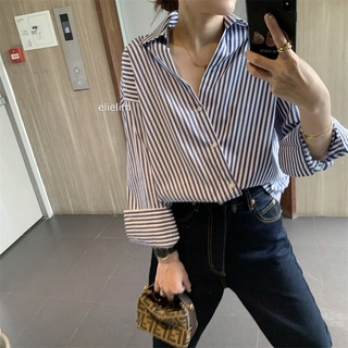 Mixmall เสื้อเชิ้ตแขนยาวลายทางแฟชั่นสตรี คอปก เสื้อทรงหลวม ไซส์ S-2XL Stylish Stripe Women Classic Blouse Top Shirt