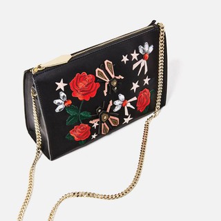 ZARA EMBROIDERED ROSE &amp; JEWEL DETAIL BLACK CLUTCH BAG PURSE WITH CHAIN STRAP